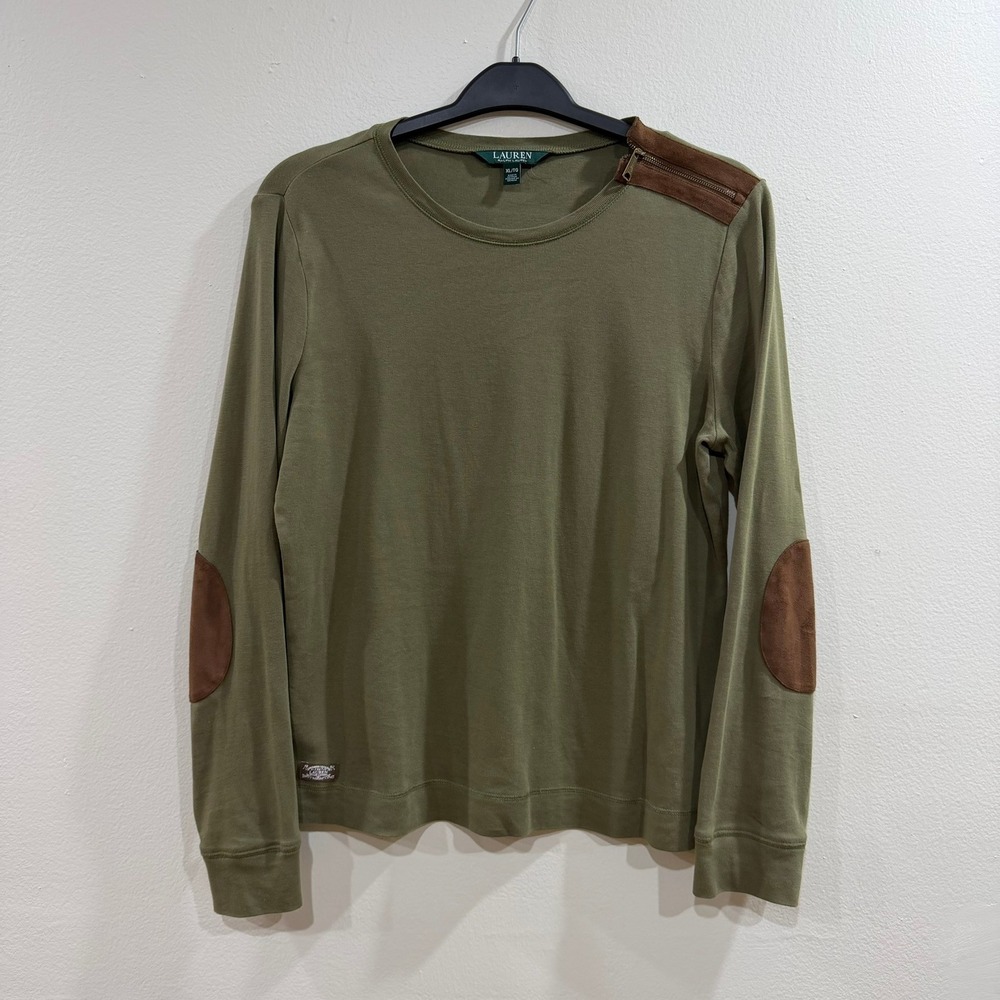 Lauren Ralph Lauren Top Women XL/TG Green Suede Elbow Patch Zip Shoulder